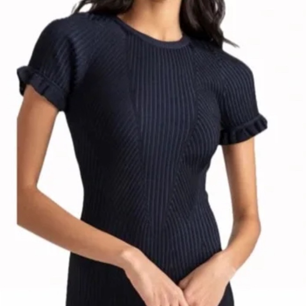 Shoshanna Kate Rib-Knit Ruffle Minidress, Navy, Size S